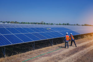 two solar workers standing next to a solar field